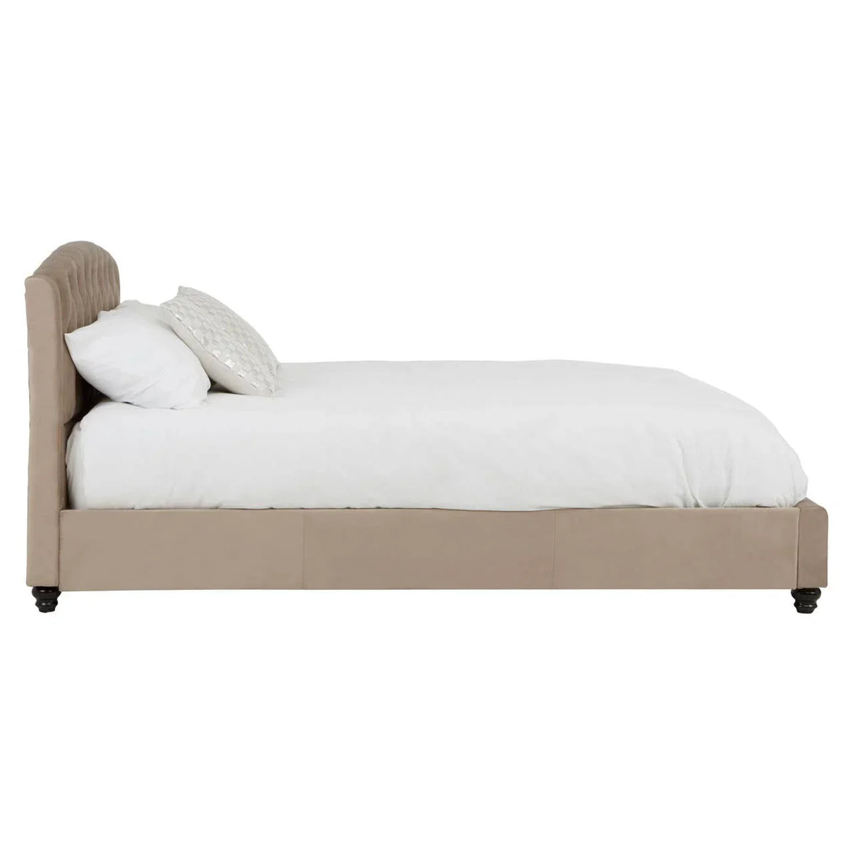 Beige upholstered bed frame with panel headboard and white bedding, side profile view