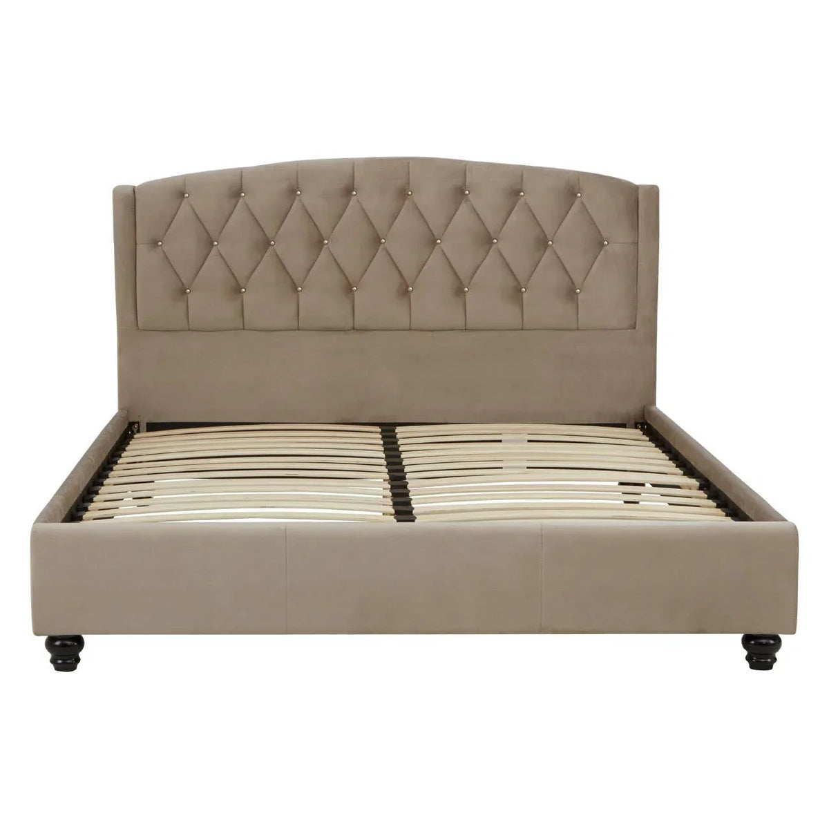 Beige upholstered bed frame with buttoned headboard and wooden slats, front view