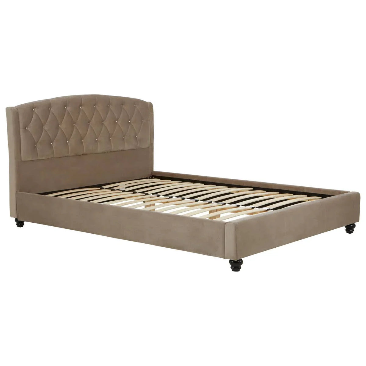 Beige upholstered bed frame with tufted headboard and wooden slats, angled front view