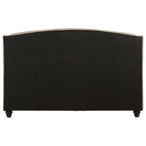 Back view of upholstered bed frame with black fabric panel and turned wooden legs