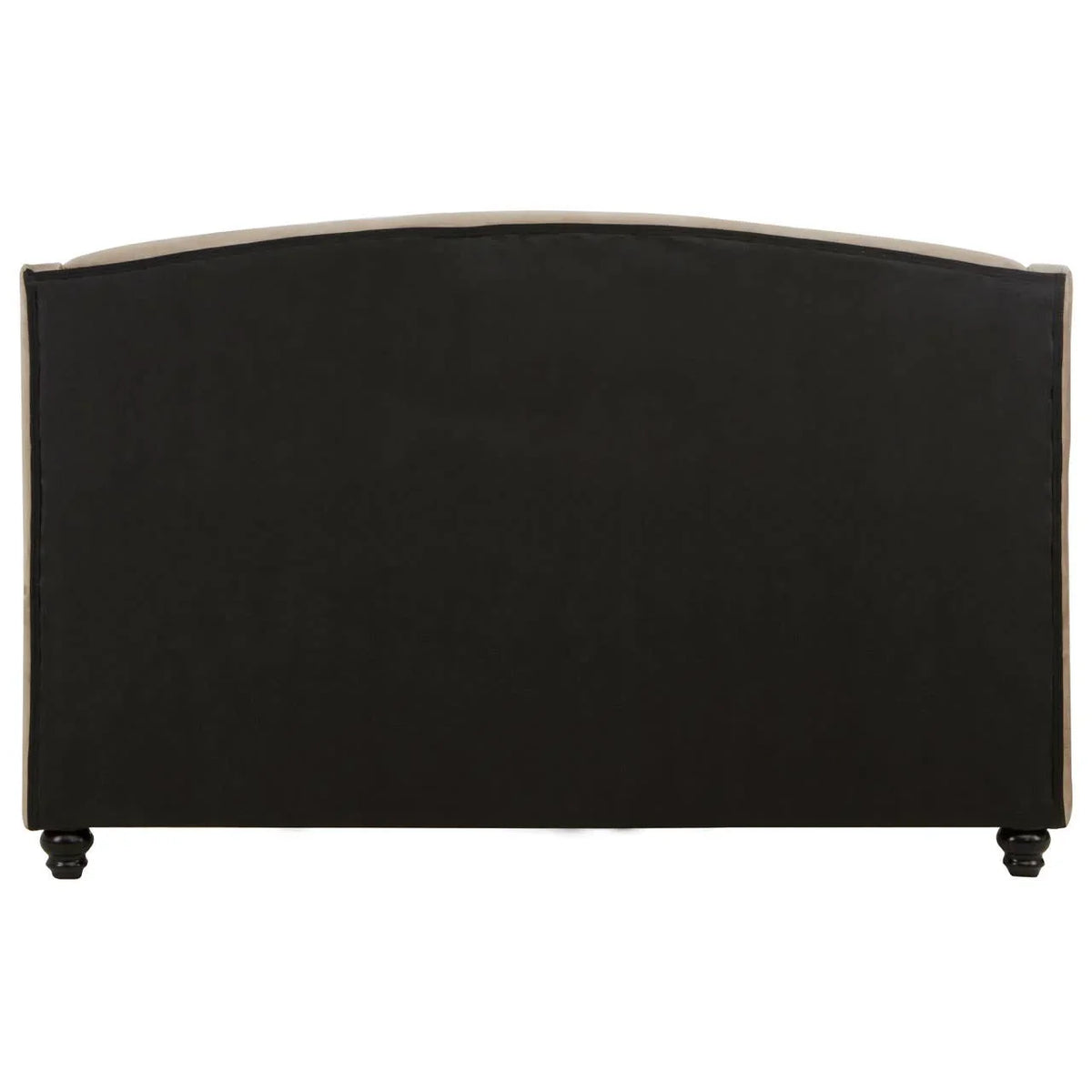 Back view of upholstered bed frame with black fabric panel and turned wooden legs