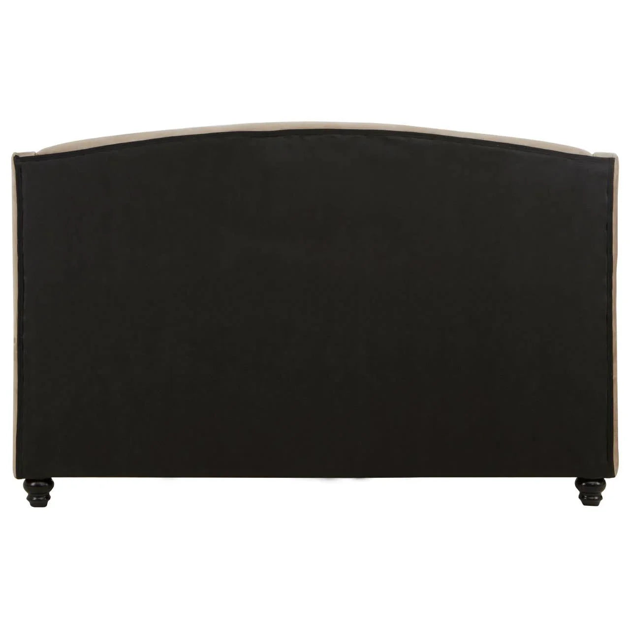 Back view of upholstered bed frame with black fabric panel and turned wooden legs