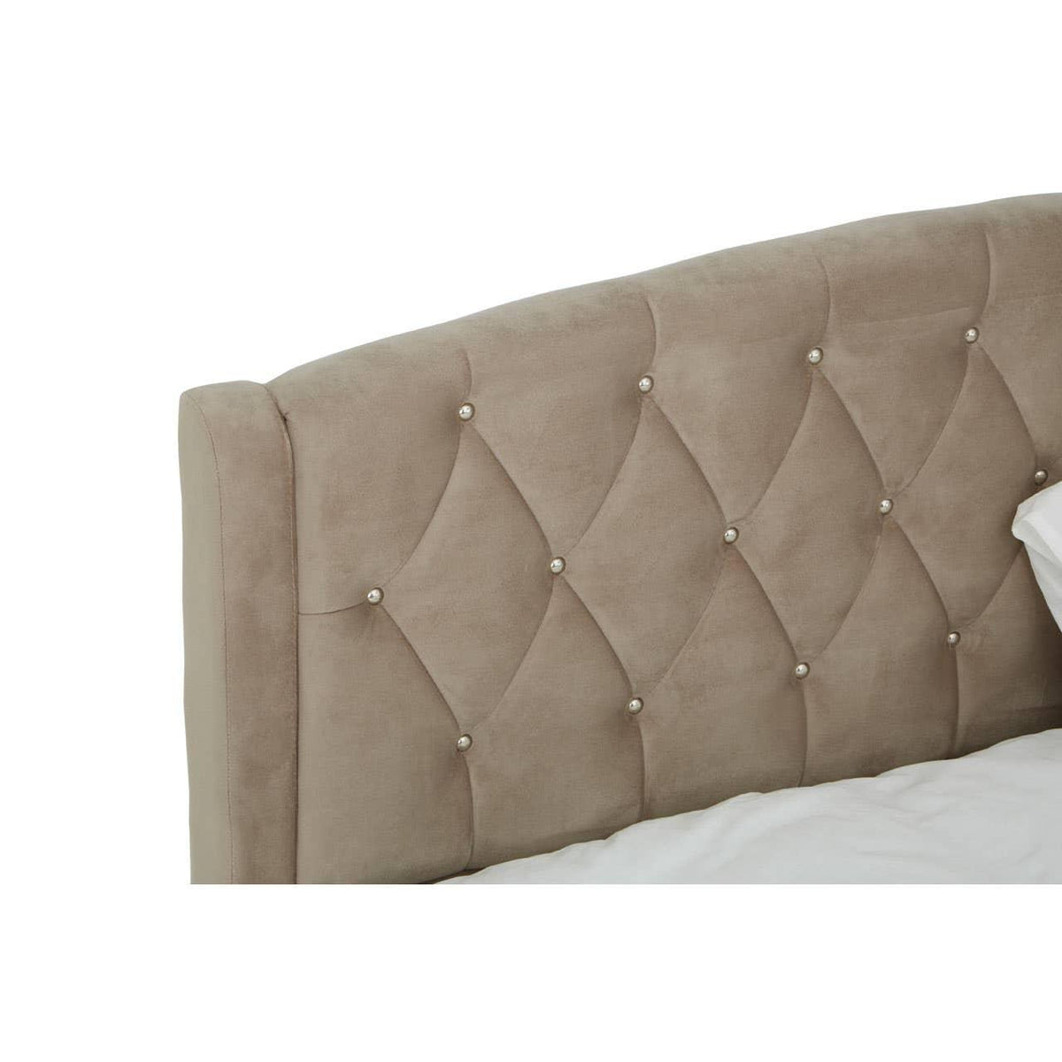 Beige upholstered headboard with diamond button tufting and pearl accents