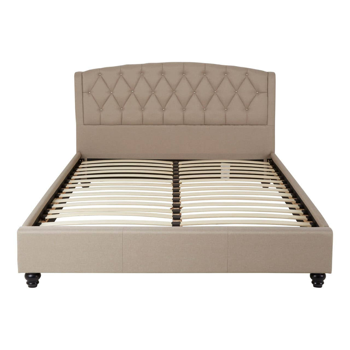 Beige king bed with a tufted headboard and a low-profile frame, featuring wooden legs and a slatted base for mattress support
