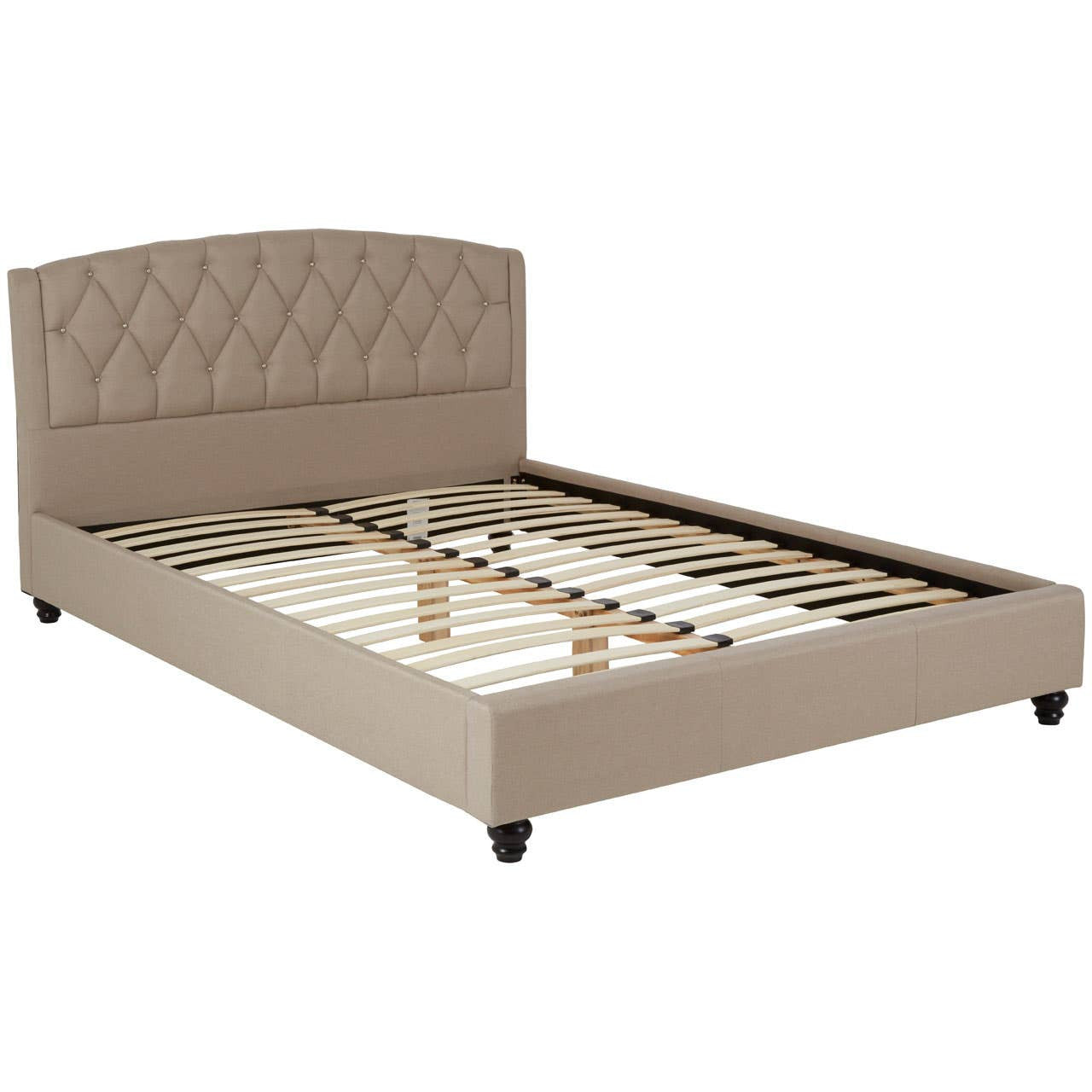 Beige king bed with a diamond-tufted headboard, wooden slats for mattress support, and black legs, showcasing a modern and elegant design