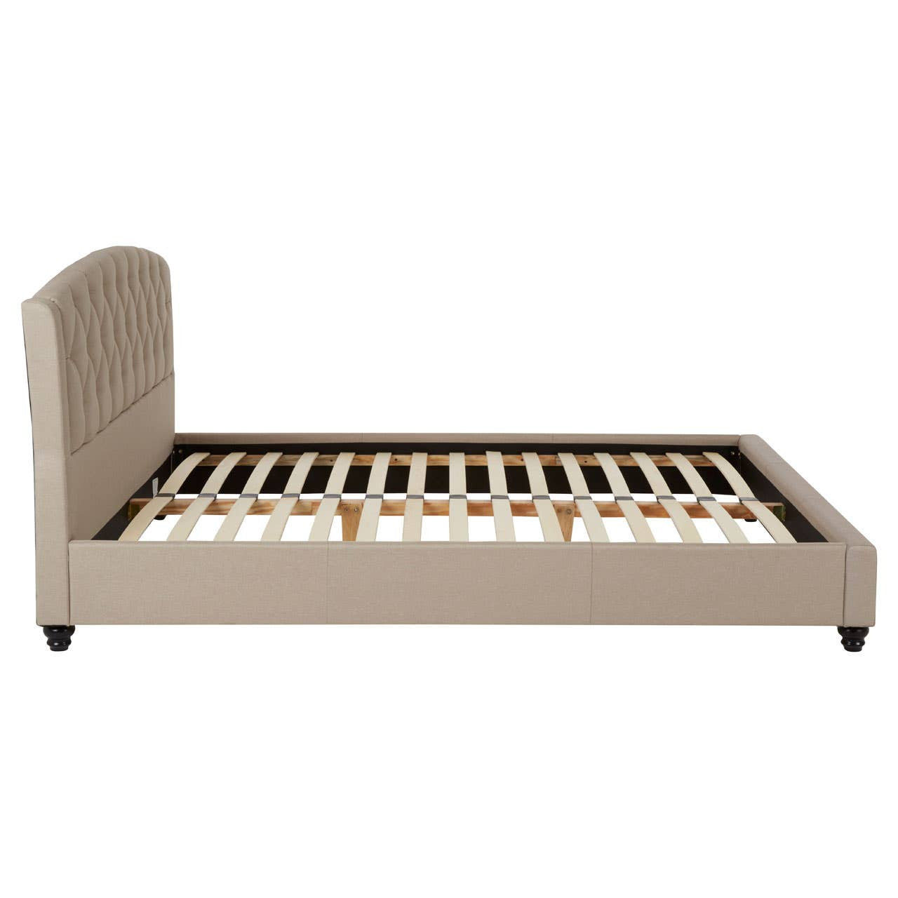 Beige king bed with a padded headboard and wooden slats for mattress support, featuring tapered legs and a minimalist design