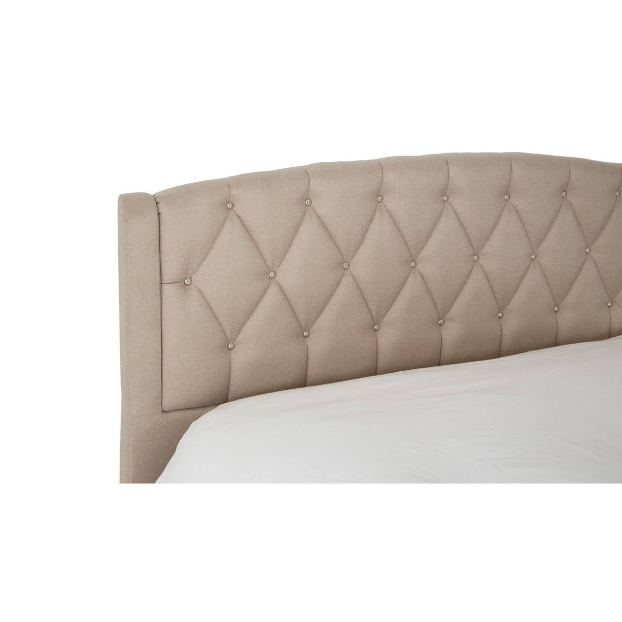 Beige upholstered king bed headboard with a diamond tufted design, featuring a curved shape and soft fabric texture