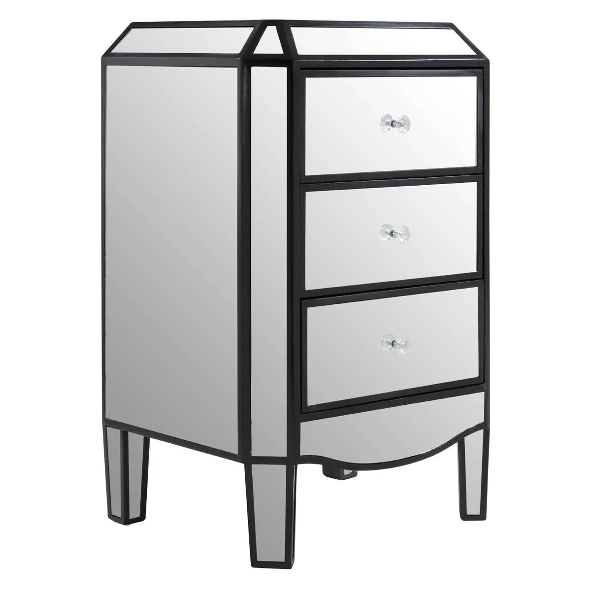 Mirrored bedside table with three drawers, black trim and crystal handles, angled view