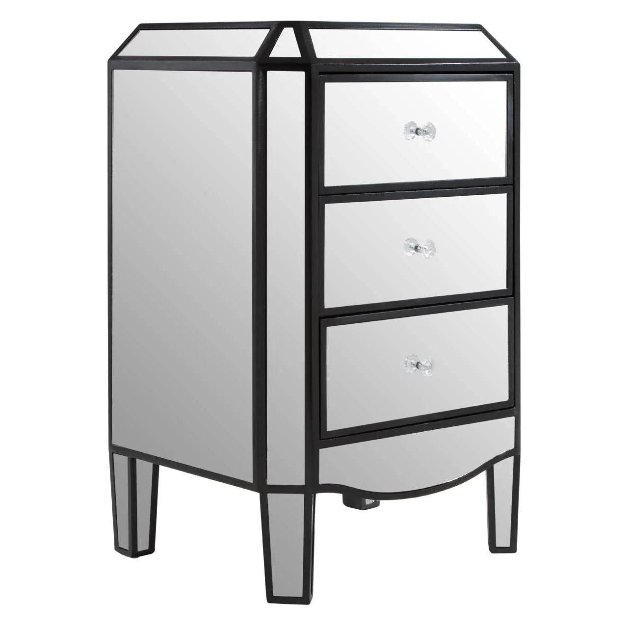 Mirrored bedside table with three drawers, black trim and crystal handles, angled view