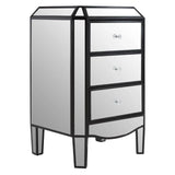 Mirrored bedside table with three drawers, black trim and crystal handles, angled view