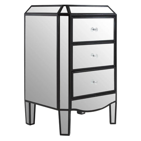 Mirrored bedside table with three drawers, black trim and crystal handles, angled view