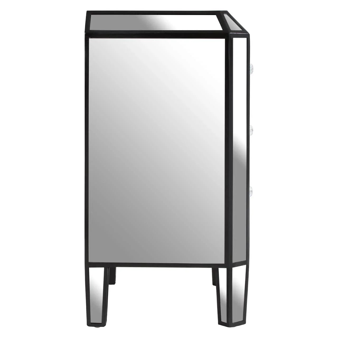 Side view of mirrored bedside table with black trim and crystal drawer handles
