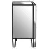 Side view of mirrored bedside table with black trim and crystal drawer handles