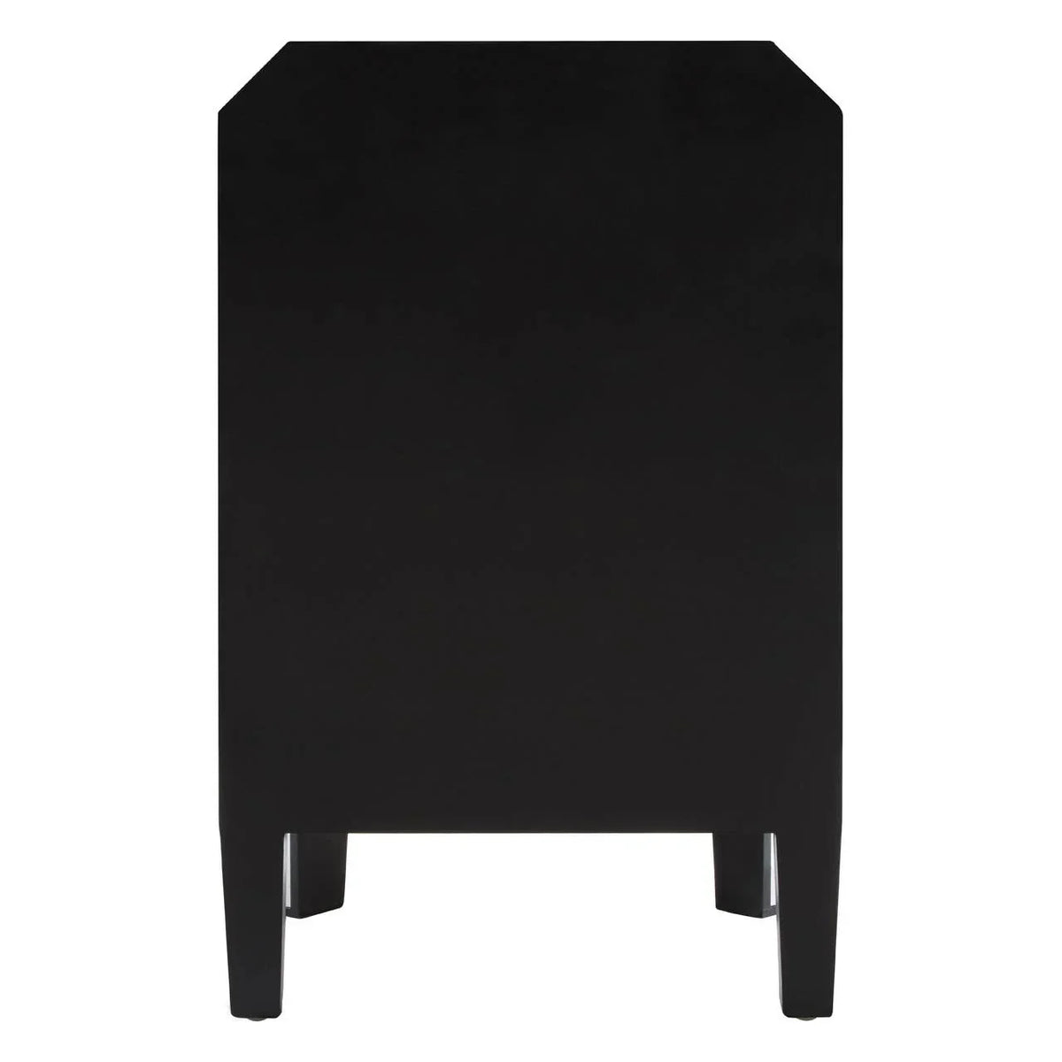 Back view of black wooden bedside table with angled top corners and straight legs