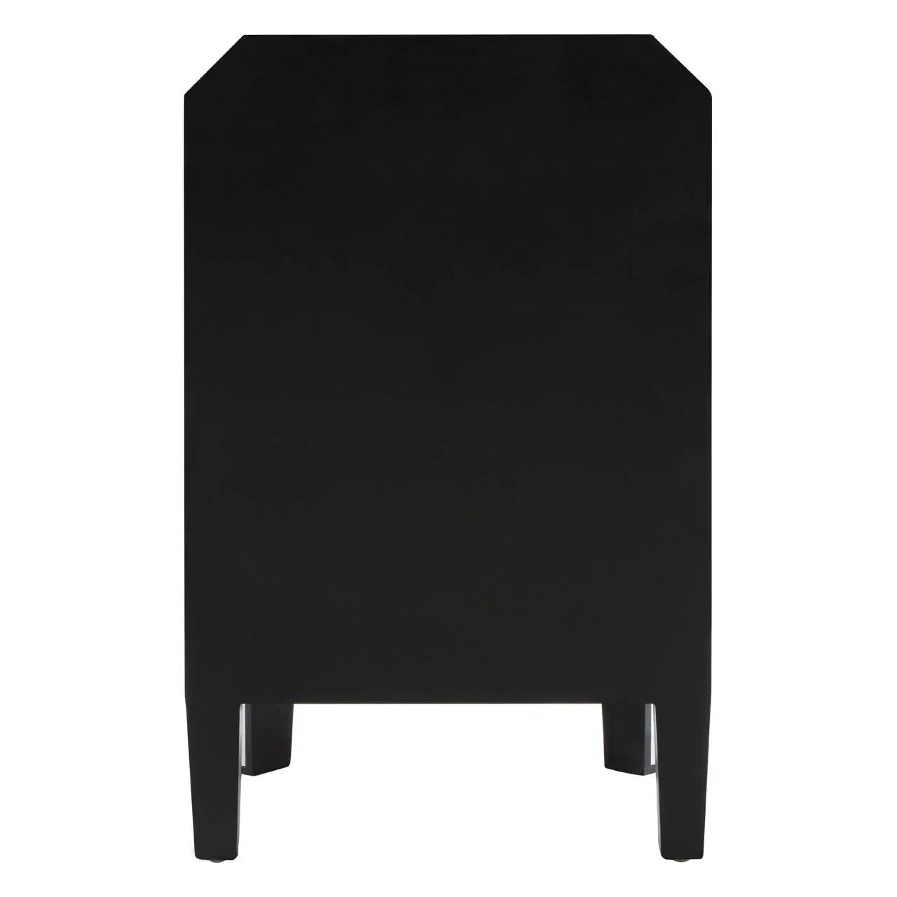 Back view of black wooden bedside table with angled top corners and straight legs