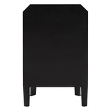 Back view of black wooden bedside table with angled top corners and straight legs