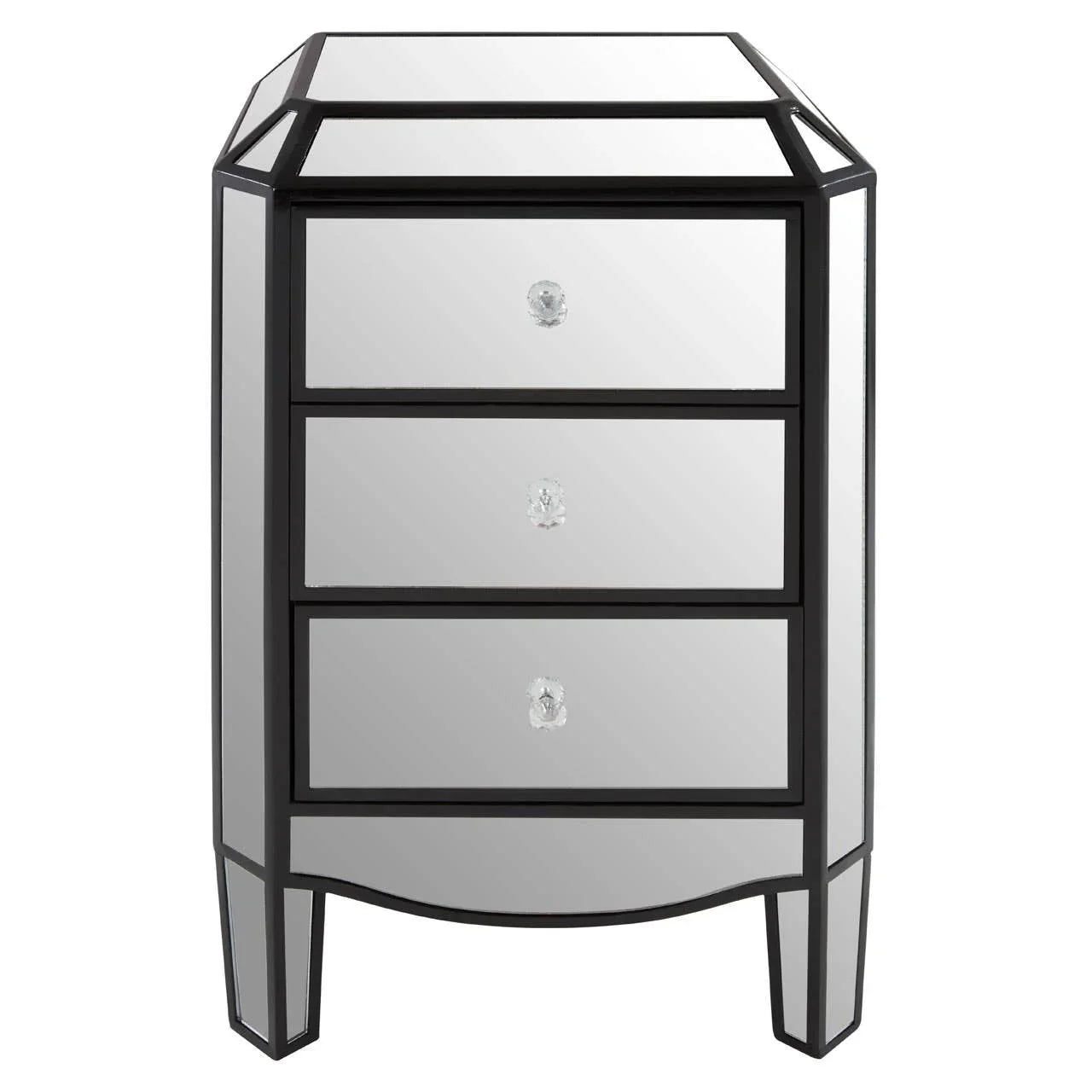 Mirrored bedside table with black trim and three drawers, crystal handles
