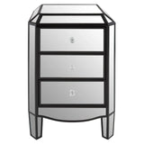 Mirrored bedside table with black trim and three drawers, crystal handles