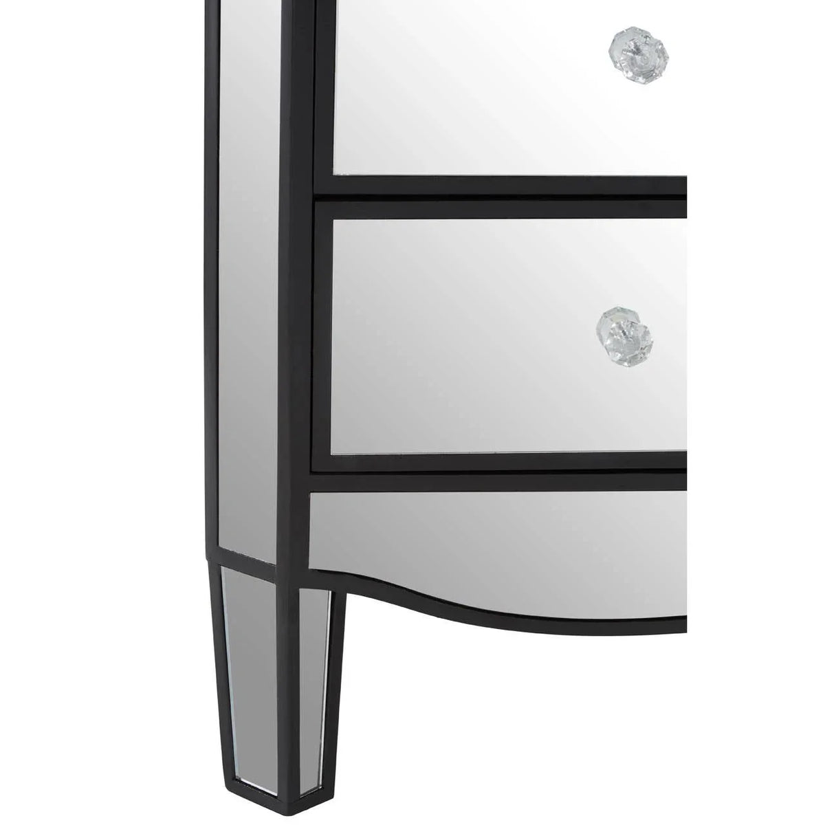 Mirrored bedside cabinet with glass crystal drawer handles and black trim, partial front view