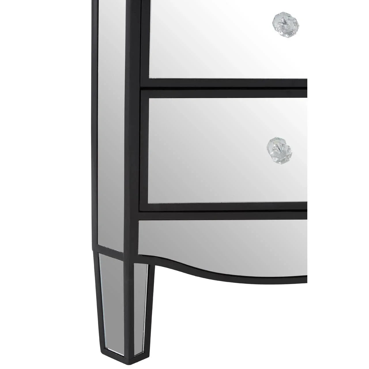 Mirrored bedside cabinet with glass crystal drawer handles and black trim, partial front view