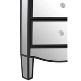 Mirrored bedside cabinet with glass crystal drawer handles and black trim, partial front view