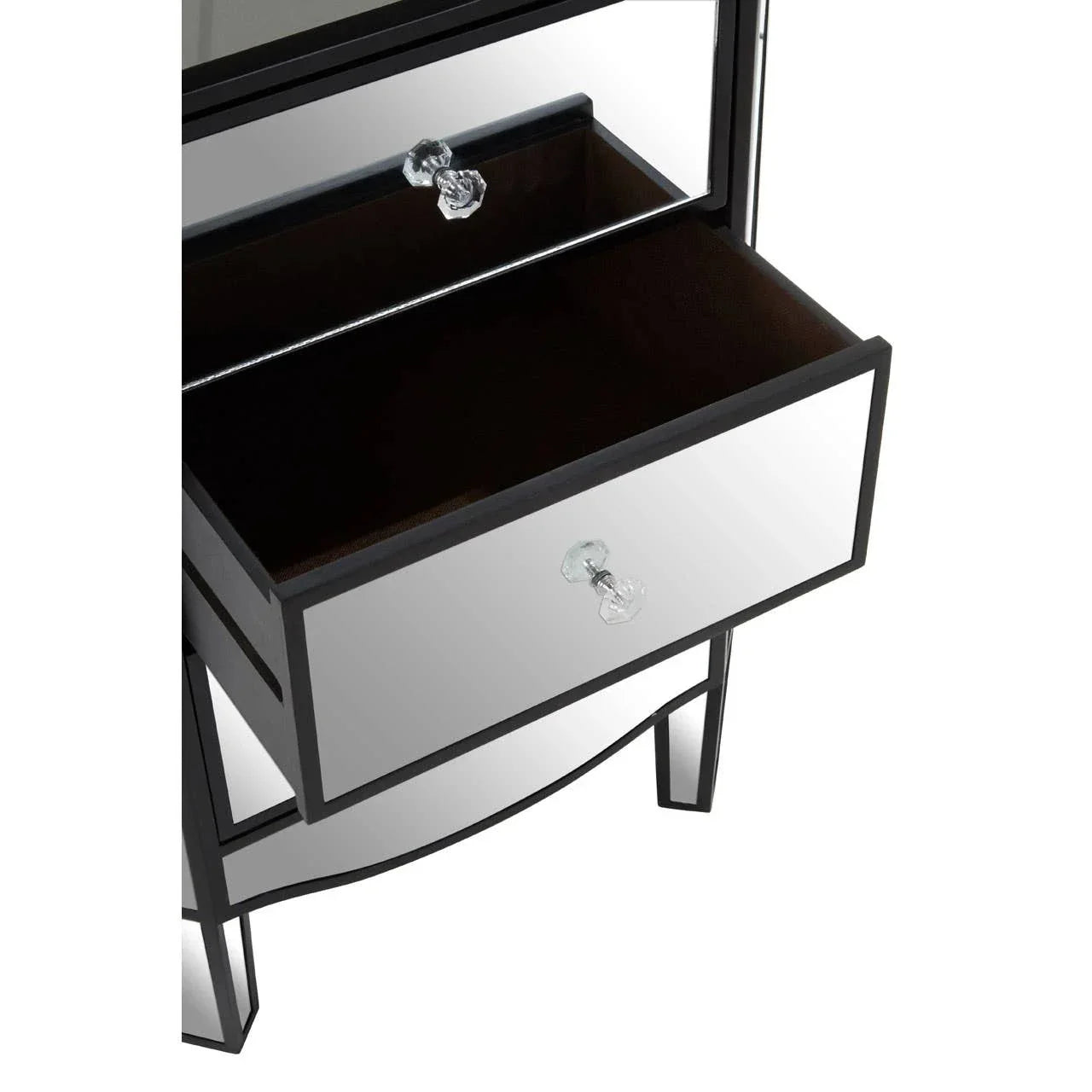 Mirrored bedside table with two drawers and glass handles, one drawer slightly open