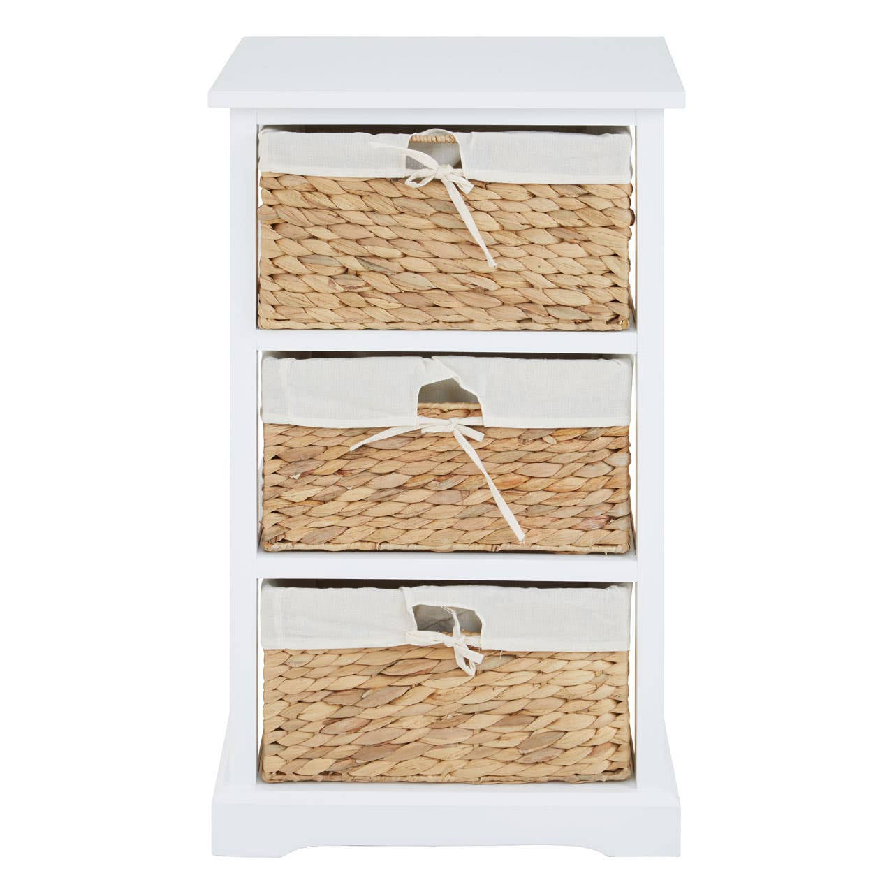 Three-drawer chest featuring a white wooden frame and seagrass woven drawers with decorative ties. The chest has a smooth top surface and a slightly curved base, providing a stylish and functional storage solution