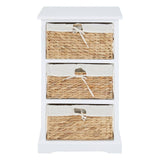 Three-drawer chest featuring a white wooden frame and seagrass woven drawers with decorative ties. The chest has a smooth top surface and a slightly curved base, providing a stylish and functional storage solution
