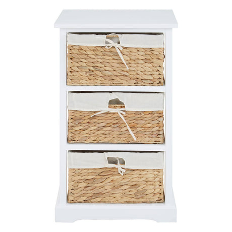 Three-drawer chest featuring a white wooden frame and seagrass woven drawers with decorative ties. The chest has a smooth top surface and a slightly curved base, providing a stylish and functional storage solution