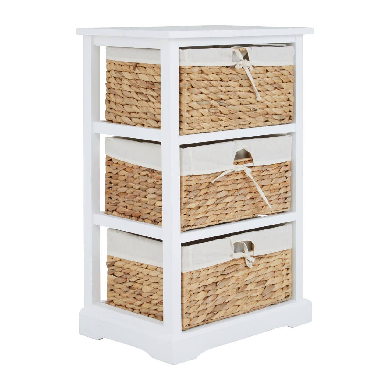 A white wooden chest with three seagrass drawers, featuring a simple and modern design. The drawers are woven with natural seagrass and have small cut-out handles for easy access. The chest stands on four legs and has a clean, minimalist aesthetic suitable for various home decor styles