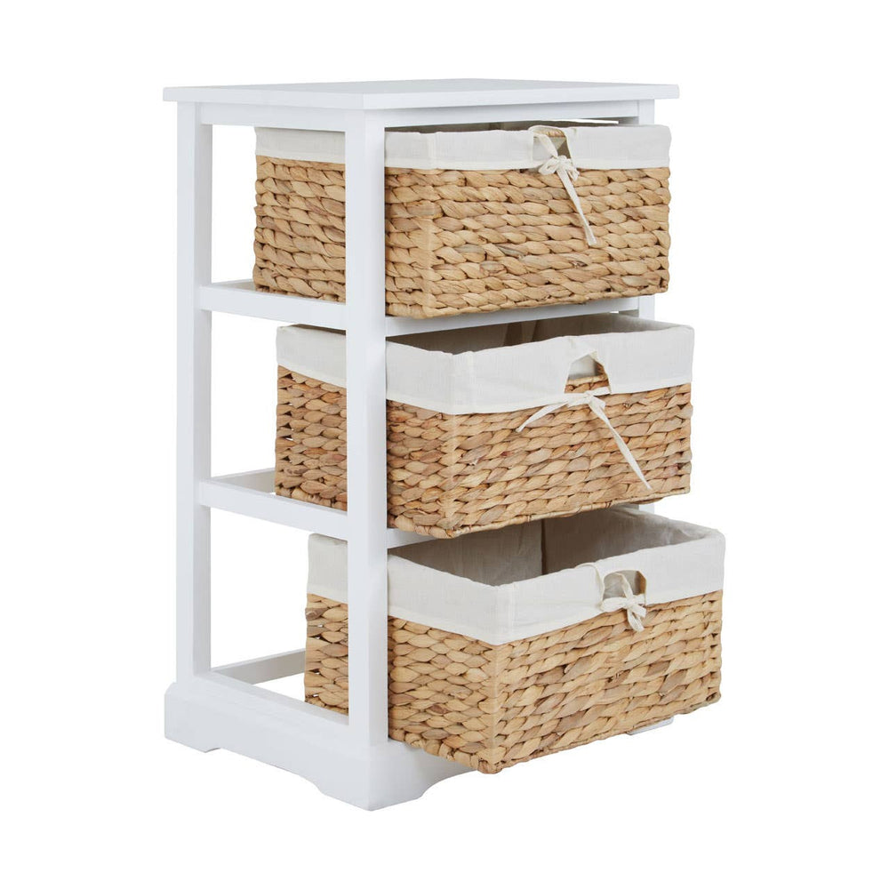 Three-drawer chest featuring a white wooden frame and natural seagrass baskets. Each drawer has a fabric lining and a decorative handle, providing a stylish storage solution for home organization. The chest stands on a sturdy base with an open design that allows visibility of the baskets