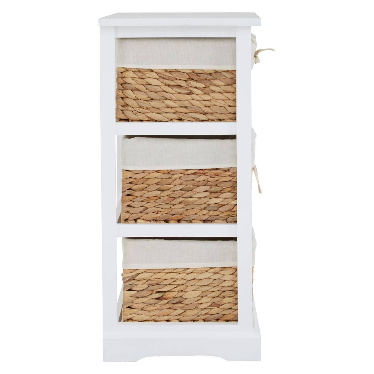 A tall, white wooden chest with three woven seagrass drawers, featuring a simple design and a natural texture. The drawers are open at the front, showcasing the seagrass material, and the chest has a smooth, clean finish
