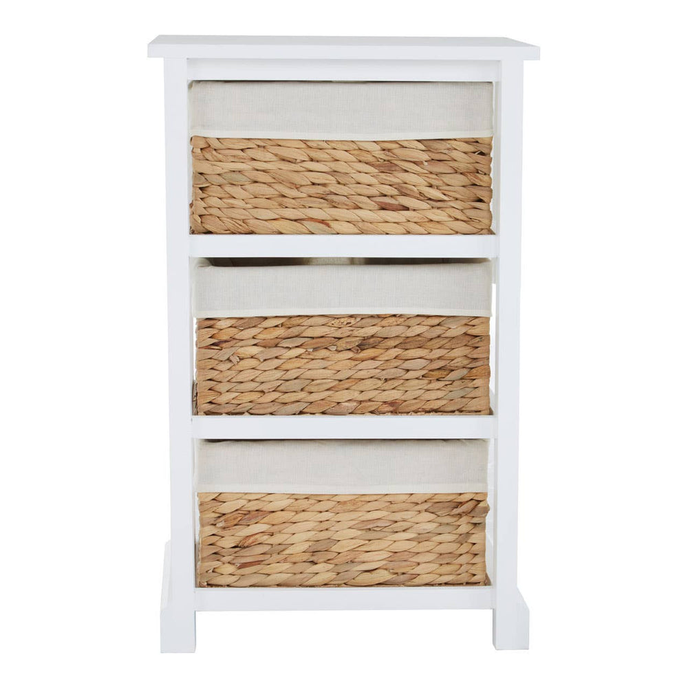 A white wooden chest of drawers featuring three seagrass woven drawers, each with a simple handle, set on a sturdy base. The chest has a clean, modern design suitable for home decor