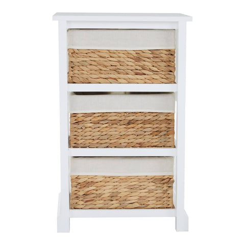 A white wooden chest of drawers featuring three seagrass woven drawers, each with a simple handle, set on a sturdy base. The chest has a clean, modern design suitable for home decor