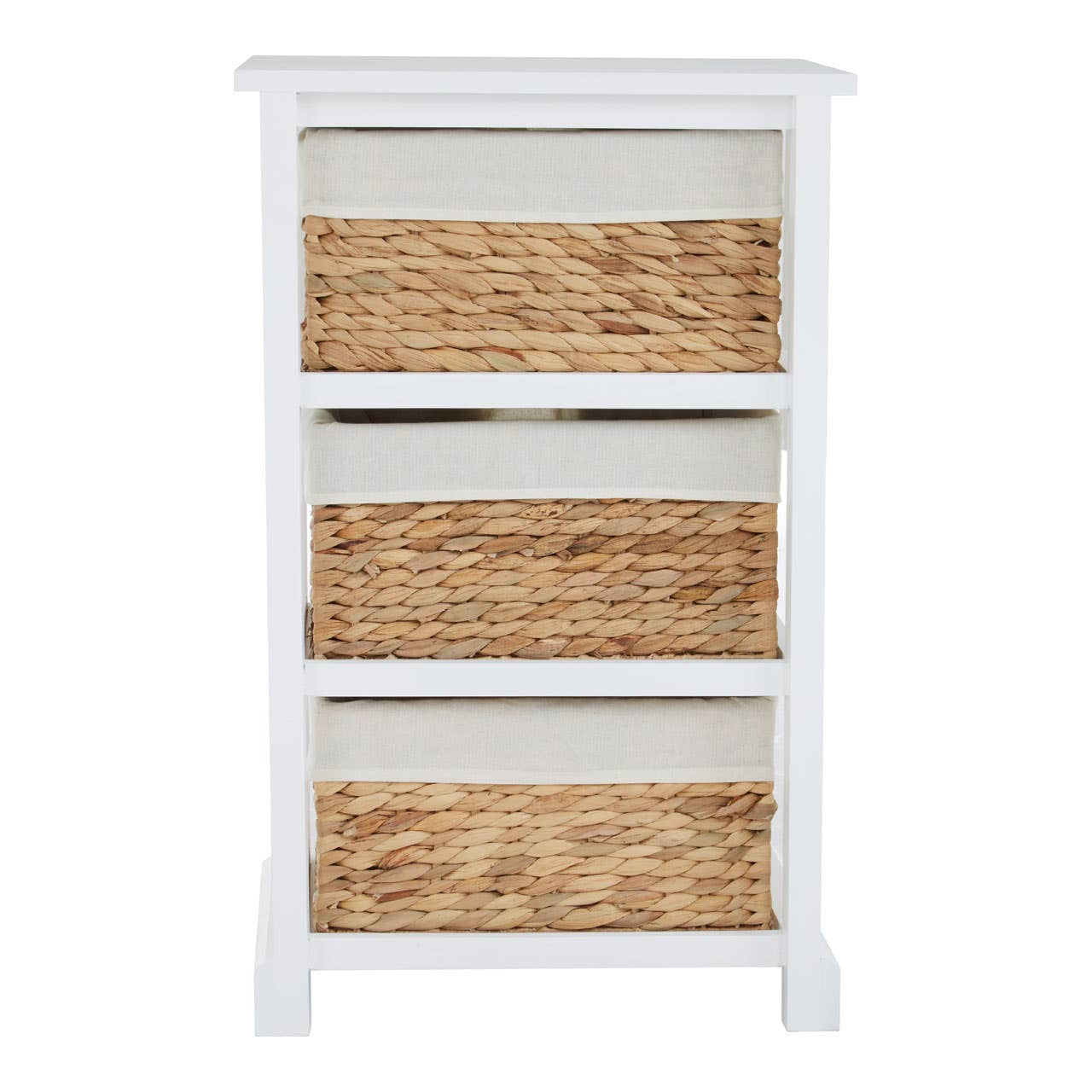 A white wooden chest of drawers featuring three seagrass woven drawers, each with a simple handle, set on a sturdy base. The chest has a clean, modern design suitable for home decor