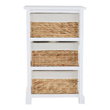 A white wooden chest of drawers featuring three seagrass woven drawers, each with a simple handle, set on a sturdy base. The chest has a clean, modern design suitable for home decor