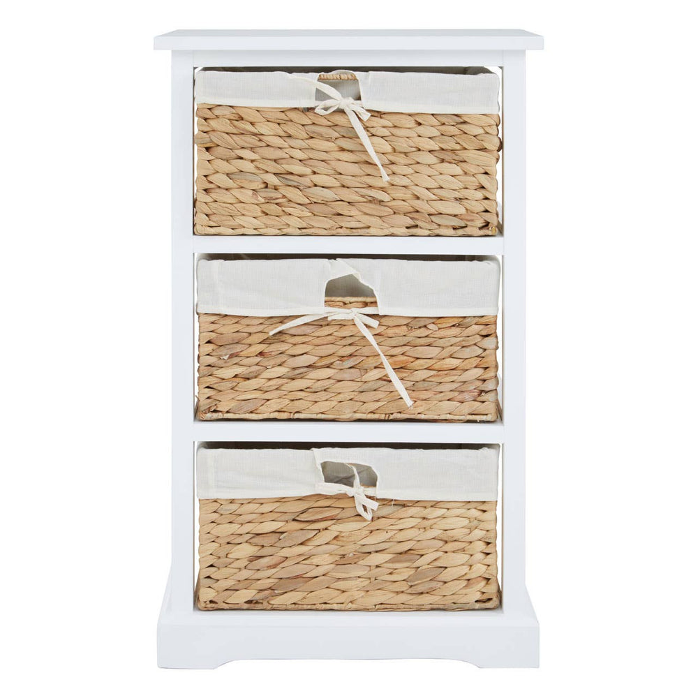 A white wooden chest of drawers featuring three woven seagrass baskets as drawers, each with a decorative handle. The chest has a simple, modern design suitable for home decor