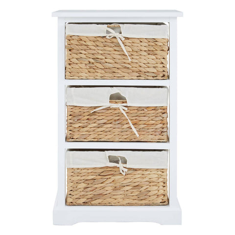 A white wooden chest of drawers featuring three woven seagrass baskets as drawers, each with a decorative handle. The chest has a simple, modern design suitable for home decor