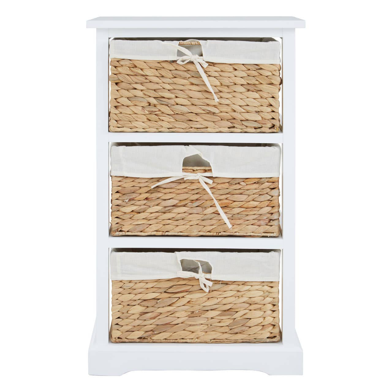 A white wooden chest of drawers featuring three woven seagrass baskets as drawers, each with a decorative handle. The chest has a simple, modern design suitable for home decor
