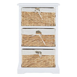 A white wooden chest of drawers featuring three woven seagrass baskets as drawers, each with a decorative handle. The chest has a simple, modern design suitable for home decor