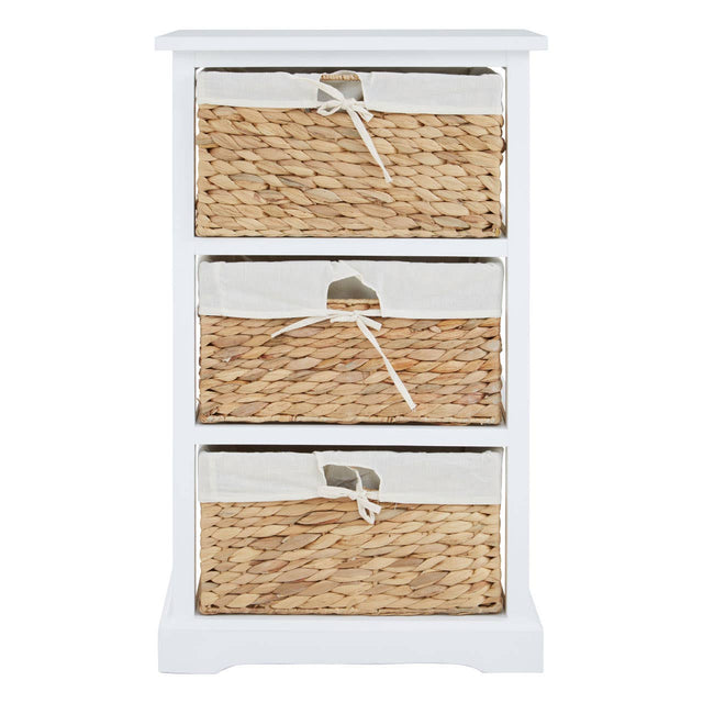 A white wooden chest of drawers featuring three woven seagrass baskets as drawers, each with a decorative handle. The chest has a simple, modern design suitable for home decor