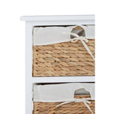 A white wooden chest featuring three woven seagrass drawers, each with a fabric lining and tied with a decorative bow. The top of the chest has a smooth, flat surface