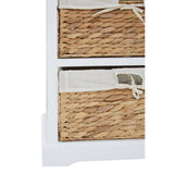 Three seagrass drawers with fabric liners, featuring a natural woven texture and tied fabric handles, set against a light-colored frame