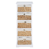 Tall, narrow chest with five drawers featuring woven seagrass fronts and a white wooden frame. Each drawer has a small metal handle for easy opening. The overall design is modern and functional, suitable for home organization