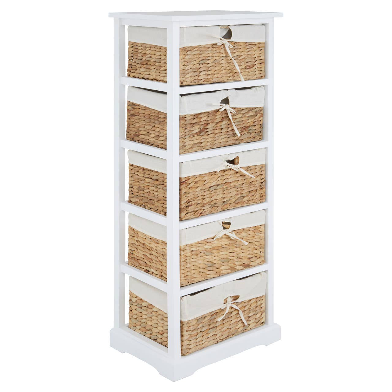 Tall white drawer chest featuring five woven seagrass baskets with cut-out handles, designed for storage and organization. The chest has a sleek, modern silhouette with a sturdy base and a flat top surface