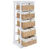 Tall white chest with five woven seagrass drawers, each featuring a fabric lining and a round wooden knob. The chest has a simple, modern design with an open frame that showcases the drawers