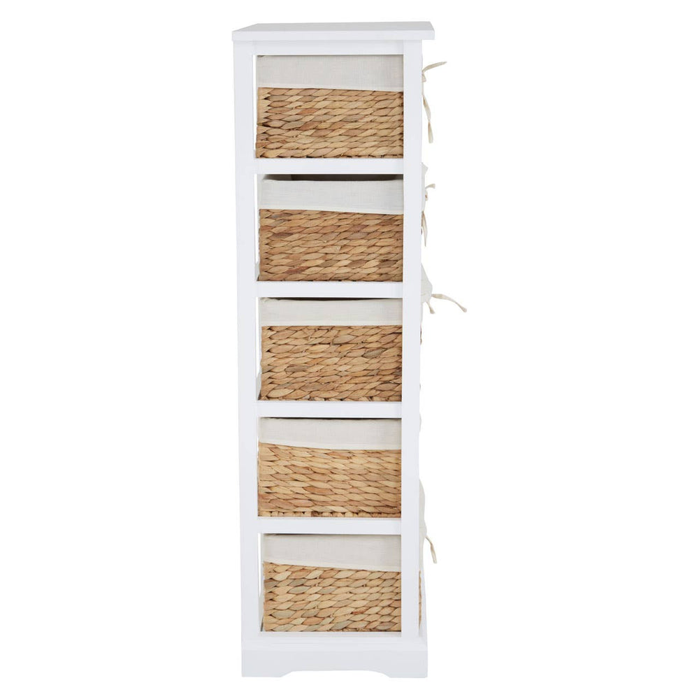 Tall, narrow chest with a white wooden frame and five woven seagrass drawers, each featuring a natural texture and tied with a light-colored ribbon. The chest has a clean, modern design suitable for home decor