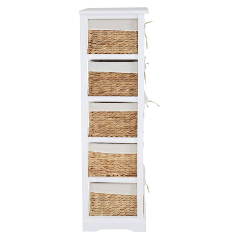 Tall, narrow chest with a white wooden frame and five woven seagrass drawers, each featuring a natural texture and tied with a light-colored ribbon. The chest has a clean, modern design suitable for home decor