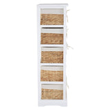 Tall, narrow chest with a white wooden frame and five woven seagrass drawers, each featuring a natural texture and tied with a light-colored ribbon. The chest has a clean, modern design suitable for home decor