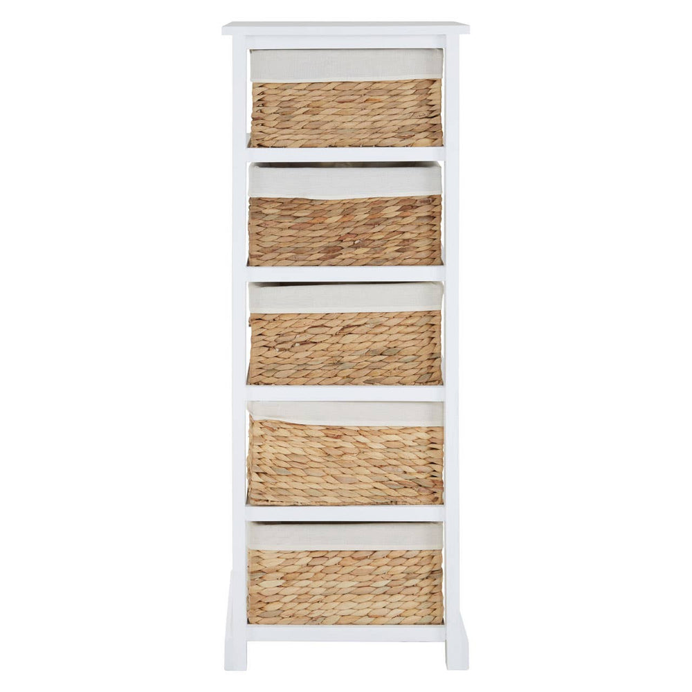 Tall white drawer chest featuring five woven seagrass baskets, each with a natural finish, designed for storage and organization. The chest has a simple, modern design with a flat top and sturdy legs